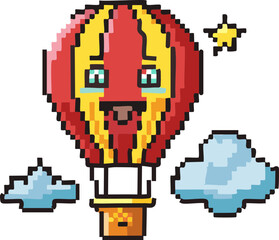 Montgolfi&egrave;re en pixel art avec visage souriant stylis&eacute;