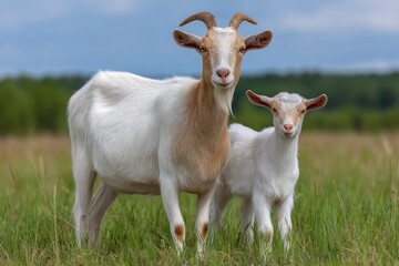 Fototapeta premium Two goats one mature and one young stand in a field of tall green grass