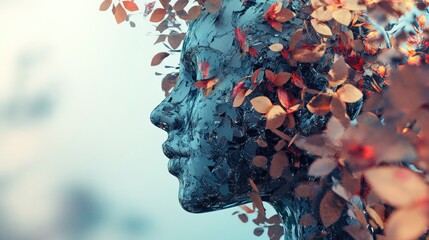 Hyper realistic 3d render Digital Art: Woman's Face Emerging from Autumn Leaves AI Generative