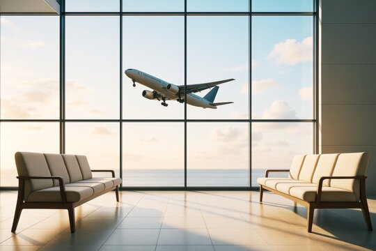 Modern airport terminal interior with large windows and airplane flying outside in soft daylight ambiance, featuring stylish contemporary seating.