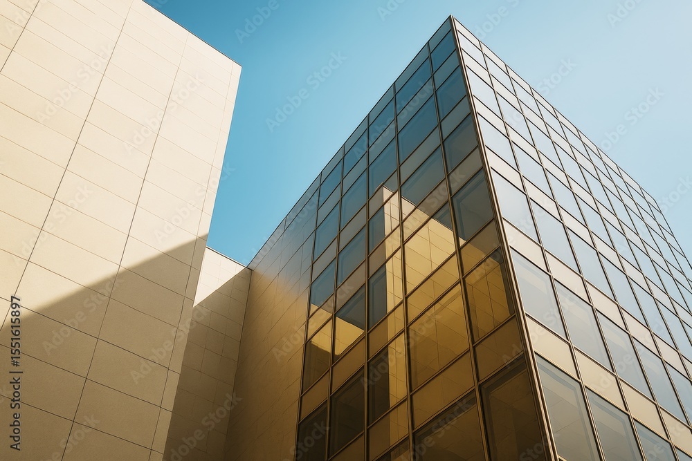 Poster modern glass and concrete office building under blue sky with geometric shadows and sunlight reflect
