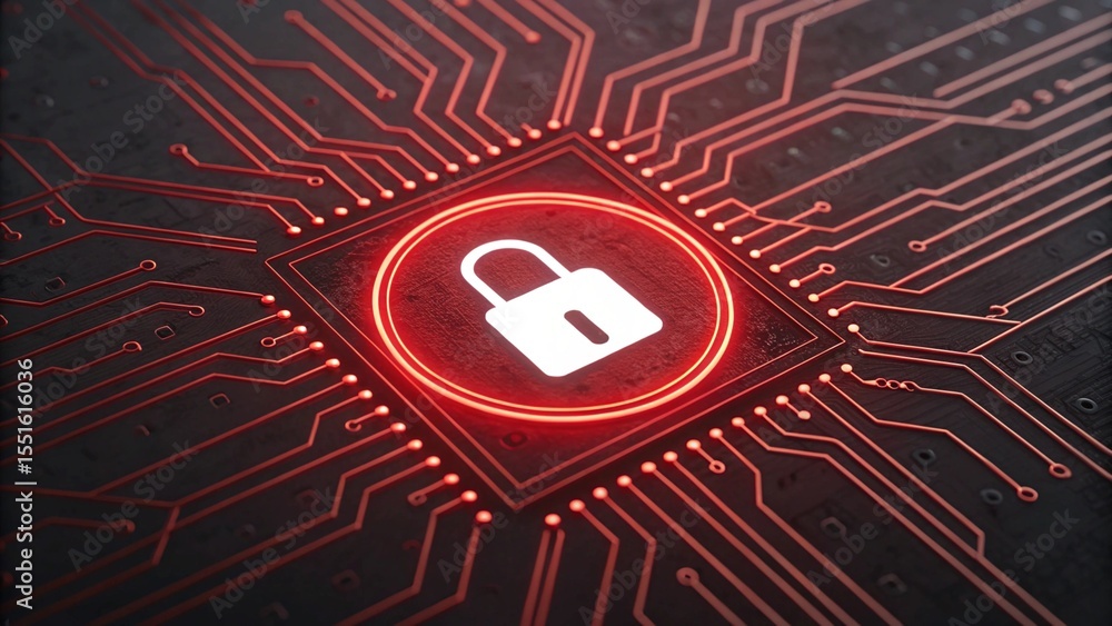 Poster glowing red circuit board with a central white padlock symbol representing digital security