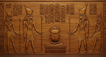 Authentic Ancient Egyptian Style Wood Art Showcasing Hieroglyphics and Cultural Symbols