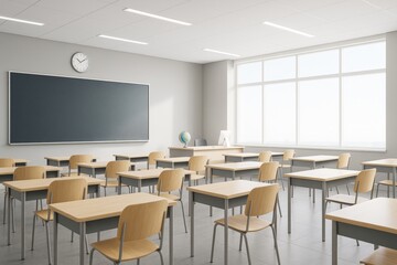 Modern empty classroom interior with wooden desks and large windows in natural daylight for educational or creative space mockup.