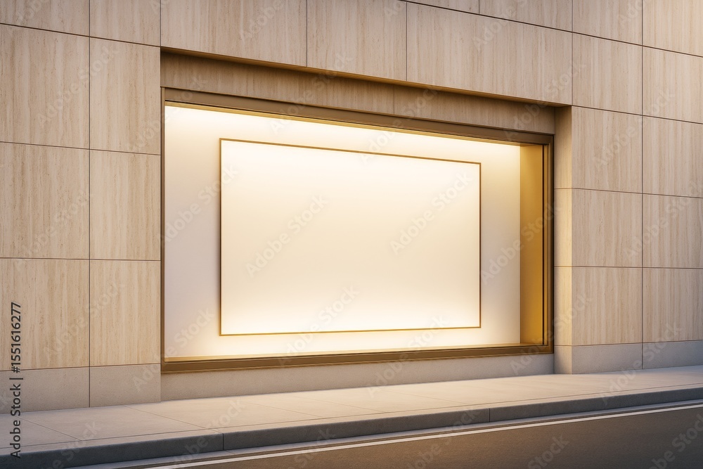 Poster blank illuminated storefront display mockup on modern building wall for advertisement or branding co