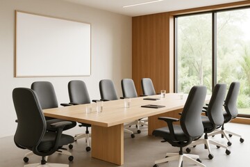 Modern bright conference room interior with wooden table, gray office chairs, large window view, and blank whiteboard on wall.
