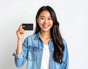 Fototapeta premium Asian Woman Holding Credit Card on White Background