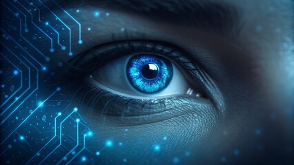Obraz premium Close up of a human eye with futuristic blue digital circuit patterns overlayed