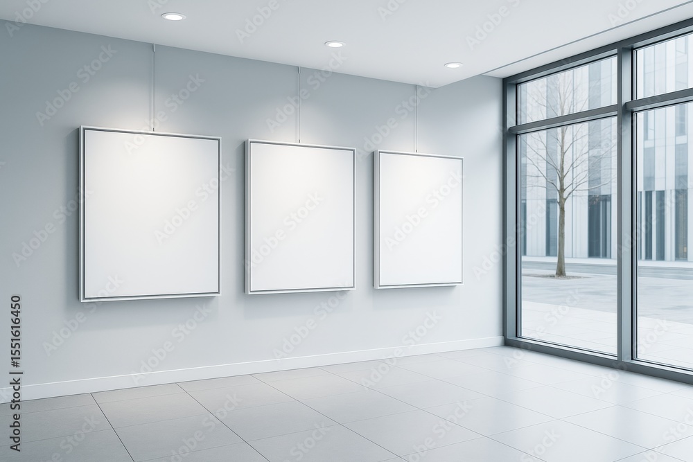 Aufkleber three blank square frames hanging on a modern gallery wall inside bright empty room with large windo