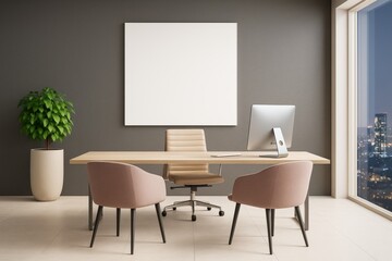 Modern office interior with blank wall canvas for branding or artwork in high-rise building at night with contemporary furniture and decor..