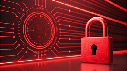 Secure digital padlock with glowing red circuit board patterns and futuristic lines