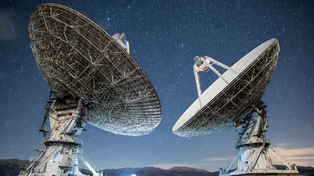 Two Large Radio Satellite Dish Array Against a Starry Night Sky For Communication