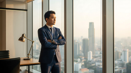 Asian businessman gazing out office window, reflecting on goals and success.