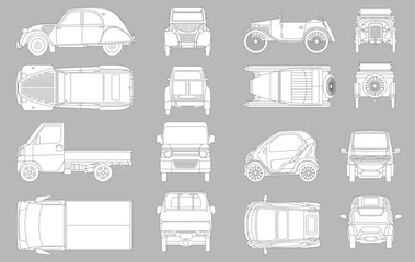 Compact Vehicle elevation and top view vector flat original illustration collection ideal for architectural design	