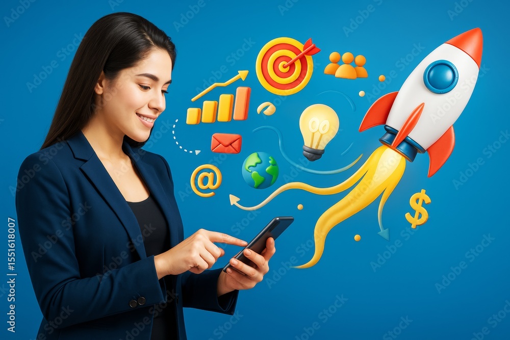 Poster businesswoman interacting with smartphone while colorful startup and marketing icons float around on