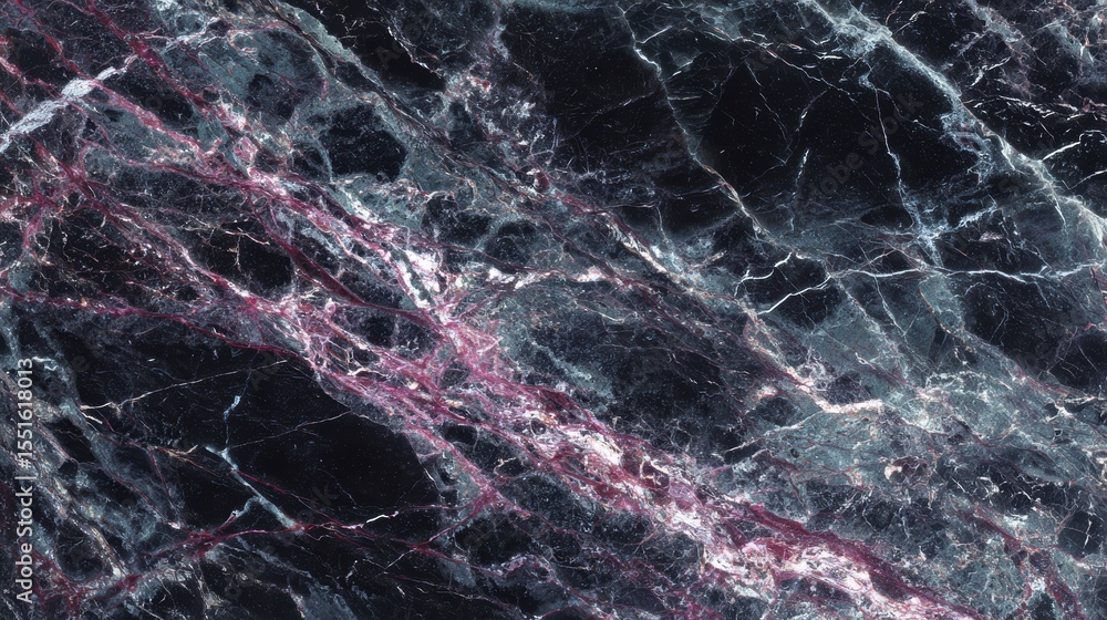 Poster close up of dark marble texture with white and pink veins creating patterns