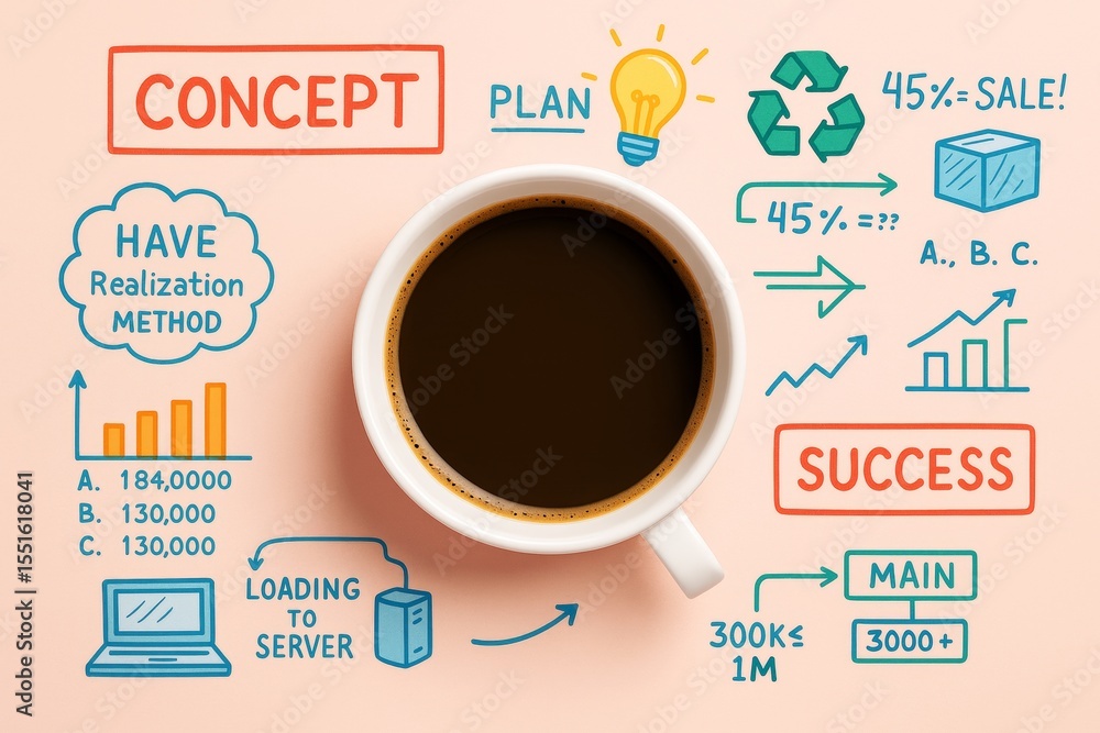 Aufkleber coffee cup surrounded by colorful hand-drawn business concept infographics and planning elements on 