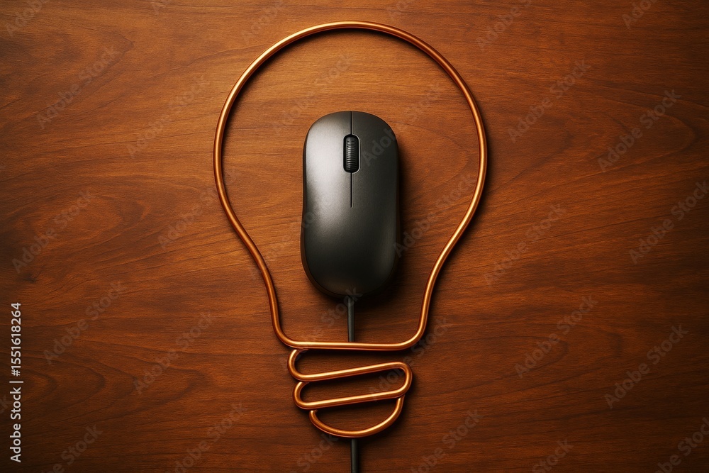 Poster Computer mouse forming lightbulb shape with wire on wooden background symbolizing digital innovation and creative business concept idea.