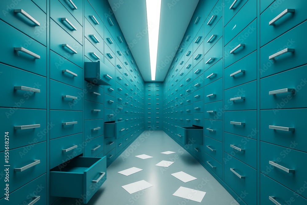 Poster futuristic archive room with teal filing cabinets and scattered documents under bright ceiling light