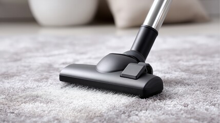 Vacuum cleaner cleaning a plush carpet in a cozy living room setting