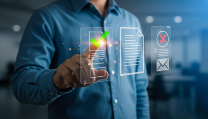 Digital Document Approval and Rejection Concept – Man Pressing Green Checkmark on Virtual Interface with Verified and Declined File Icons Representing Workflow, Validation, and Review Process