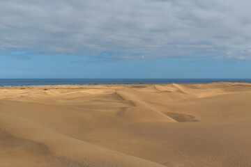 Golden sand dunes stretch toward the horizon, meeting the vibrant blue ocean under a cloudy sky in Fuerteventura, Canary Islands.