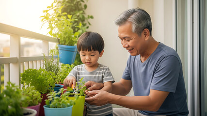 Asian grandparent teaching herb planting on balcony, bonding through green living