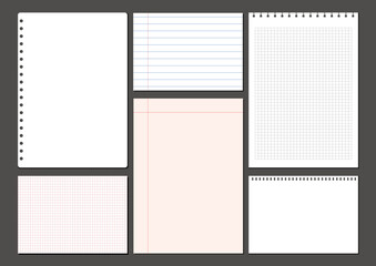 Blank paper note template, notebook sheet, line notepad pages, graph notepad page vector illustration.