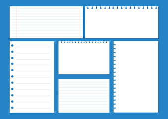 Blank paper note template, notebook sheet, line notepad pages, graph notepad page vector illustration.