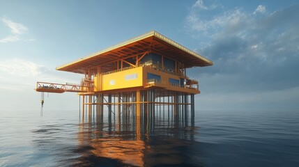 Fototapeta premium Yellow offshore oil platform is in the middle of the ocean. Use for energy, engineering, and industrial themed visuals.