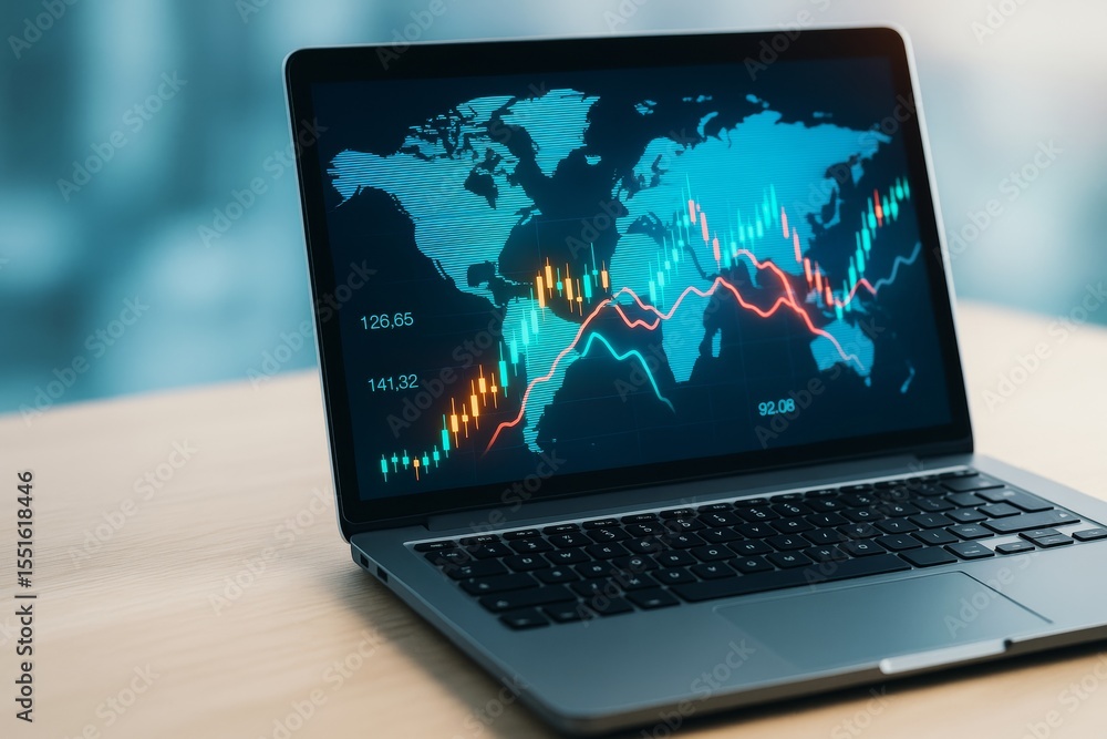 Poster Business analytics chart on laptop screen with global stock data and trading graph in creative light background on wooden desk surface.