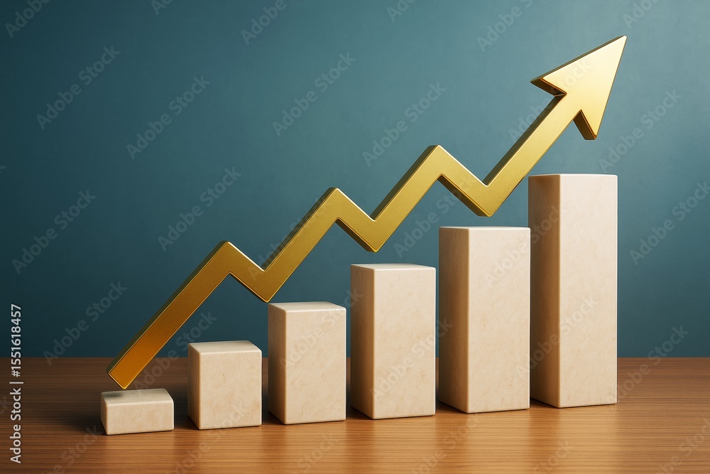 Poster golden arrow rising over beige bar chart columns against teal background on wooden surface, symboliz