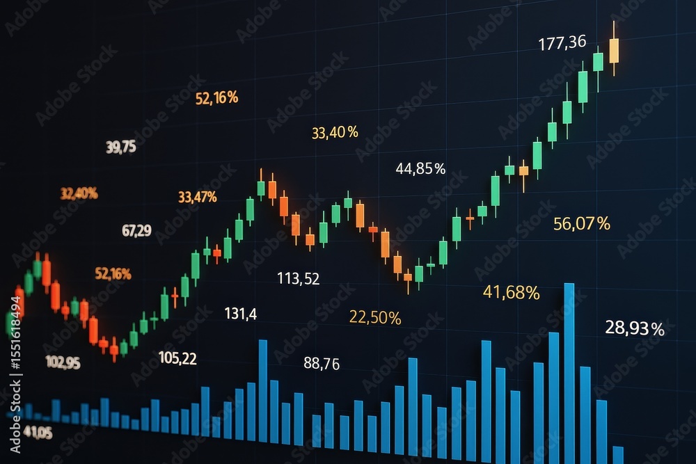 Poster abstract financial candlestick chart with bar graph and percentages on dark background, representing