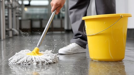 Mopping the floor in a clean, modern office building during daytime