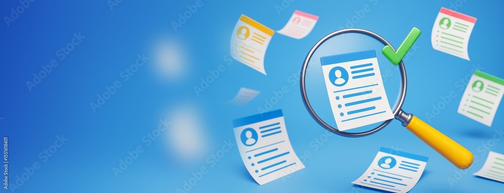 Poster magnifying glass highlighting selected resume among floating documents on blue background with clean