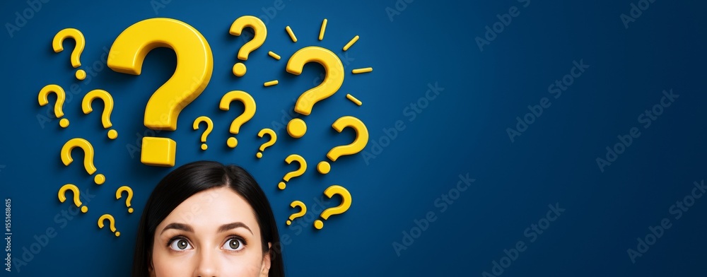 Poster woman looking up at multiple yellow question marks on a blue background with copy space for business