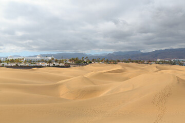 Golden sand dunes dominate the landscape in Fuerteventura, with gentle curves and a distant view of mountains under a cloudy sky.