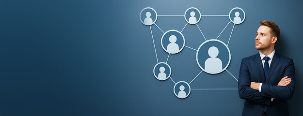 Businessman standing with arms crossed near social network connection icons on blue background with copy space for business promotion concept.