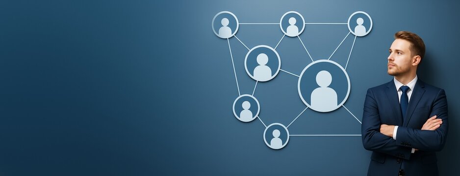 Businessman standing with arms crossed near social network connection icons on blue background with copy space for business promotion concept.