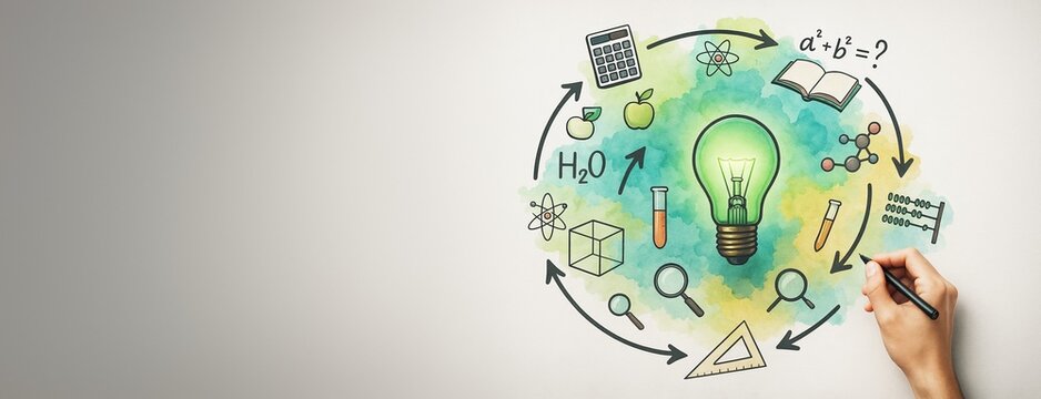 Creative educational concept with hand-drawn science and math icons around lightbulb on watercolor background with copyspace on the left.