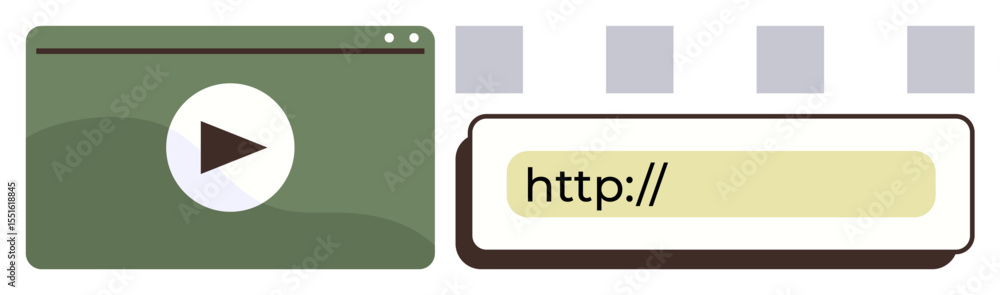 Poster video player window with play button, url search bar, and progress bar blocks. ideal for streaming, 