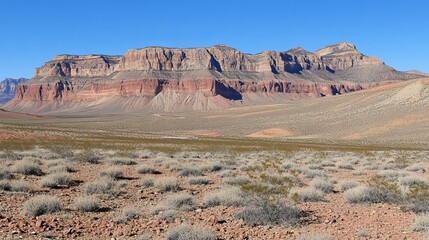 Arid landscape with layered red rock formations under a clear blue sky.  Sparse desert vegetation covers the foreground