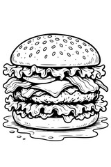 Hand-drawn vector illustration of a hamburger with cheese, beef, lettuce, tomato, and onion isolated on white
