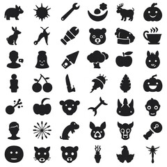 A collection of various black silhouette icons including animals, tools, food, and human figures