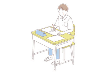 学校の机に向かう男子生徒のシンプルなイラスト