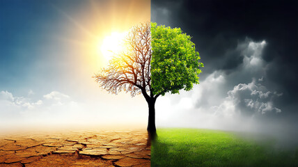 The clash of fire and green reflects global warming and climate change. Earth's ecology, global warming, dramatic environmental shifts, profound impact
