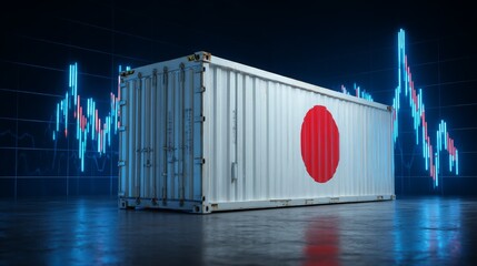 japanese cargo container with national flag against financial stock chart for international trade reports, economic analysis, import and export logistics 
