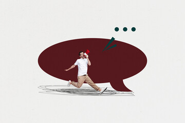 Banner image poster photo collage of happy girl guy stand communication icon phrase correspondence...