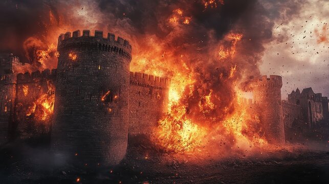 Stone castle ablaze, engulfed in fiery destruction, and plumes of dark smoke. Use for fantasy novels, games, or historical articles about sieges.