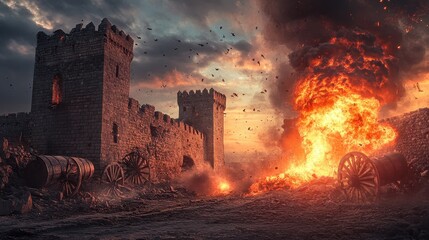 Naklejka premium A stone castle is under attack with huge flames and a dark, stormy sky. Use it to illustrate intense battle scenes or historical fiction concept.